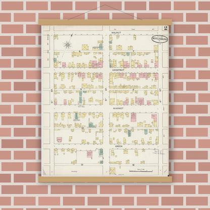 Old map wall art mockup — magnetic wood frame on brick wall — Sanborn Fire Insurance Map from Mifflinburg, Union County, Pennsylvania (1887), Sheet #0002