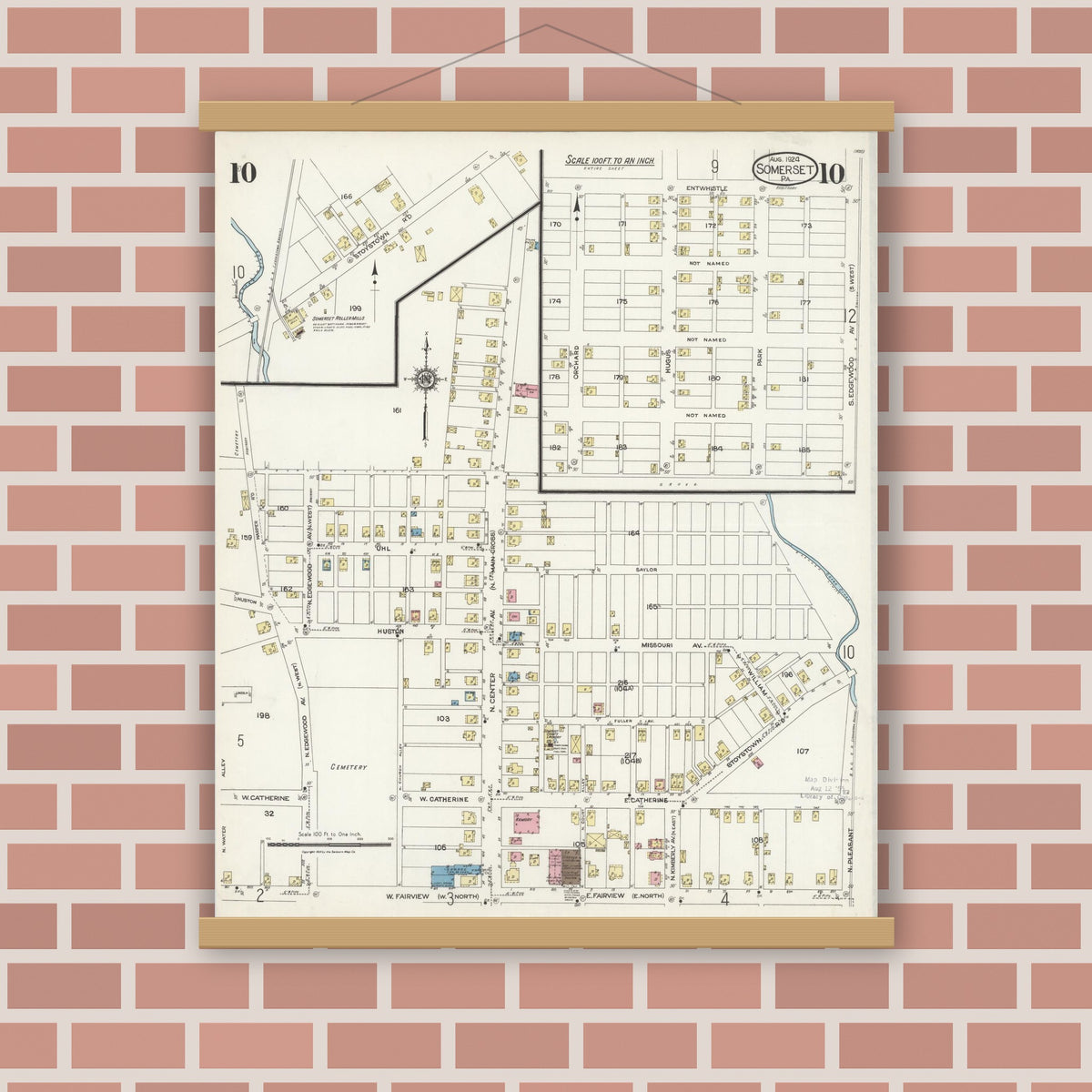 Old map wall art mockup — magnetic wood frame on brick wall — Sanborn Fire Insurance Map from Somerset, Somerset County, Pennsylvania (1924), Sheet #0010