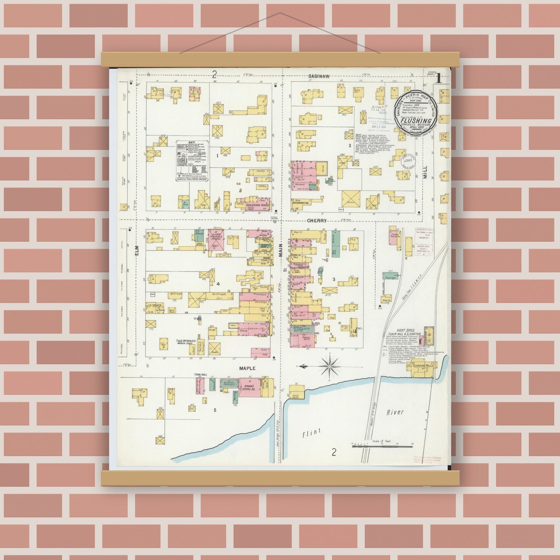 Old map wall art mockup — magnetic wood frame on brick wall — Sanborn Fire Insurance Map from Flushing, Genesee County, Michigan (1900), Sheet #0001