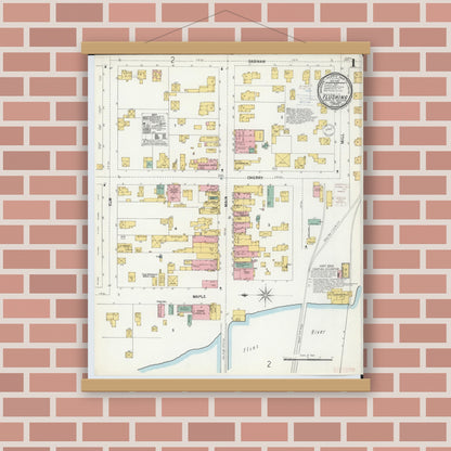 Old map wall art mockup — magnetic wood frame on brick wall — Sanborn Fire Insurance Map from Flushing, Genesee County, Michigan (1900), Sheet #0001