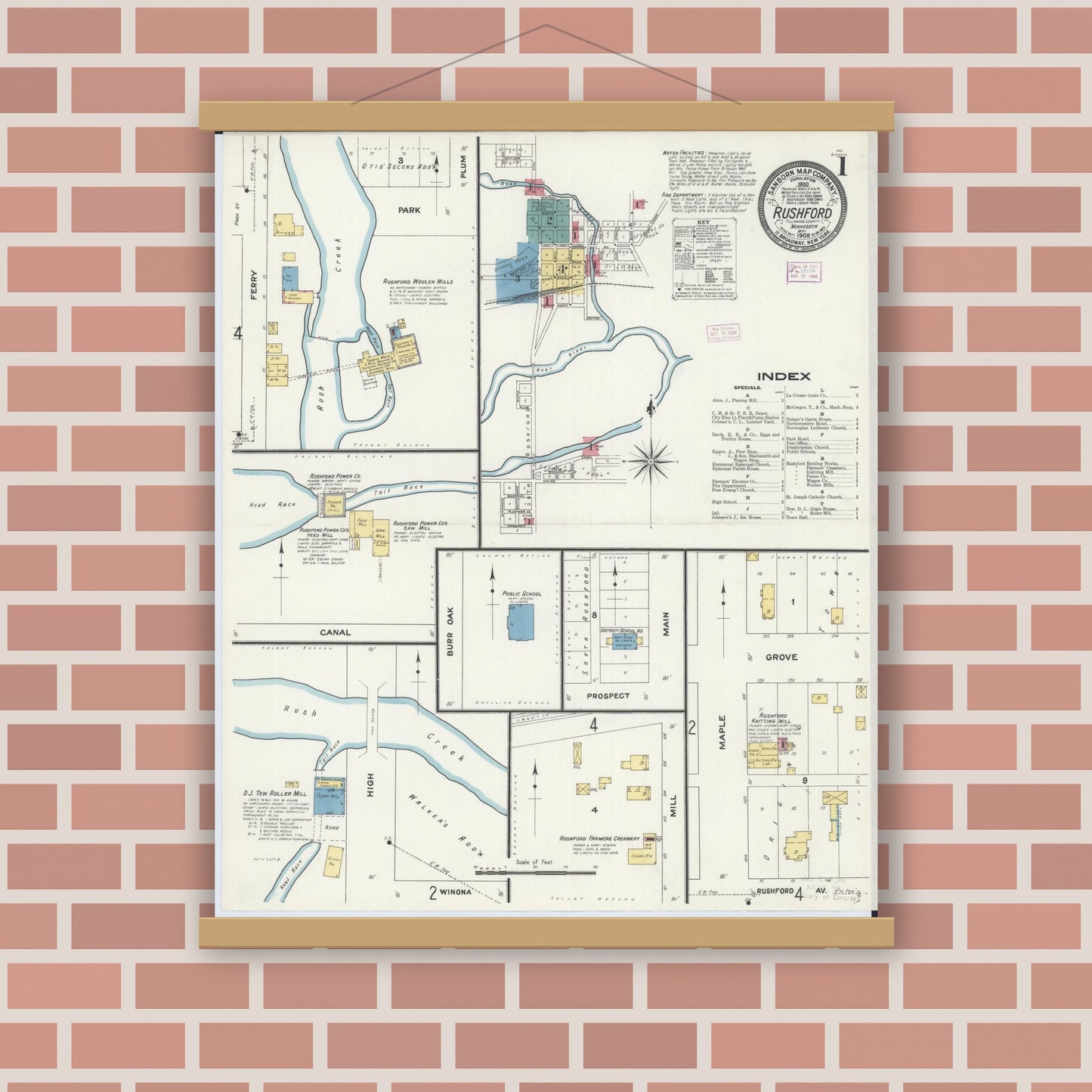 Old map wall art mockup — magnetic wood frame on brick wall — Sanborn Fire Insurance Map from Rushford, Fillmore County, Minnesota (1909) - Complete Map Set