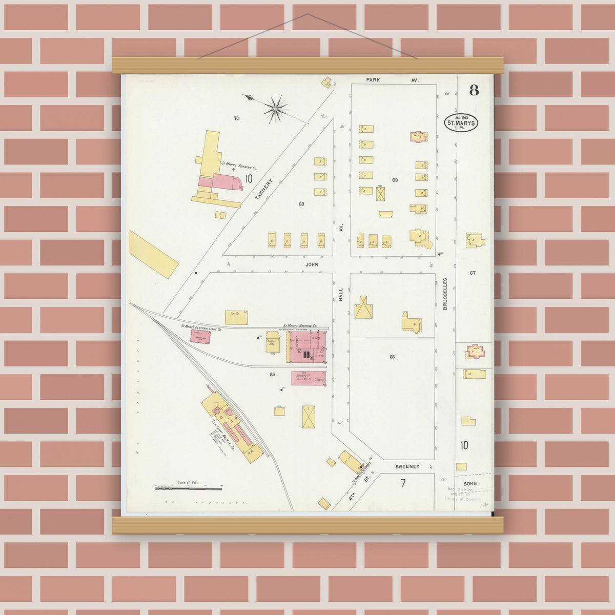 Old map wall art mockup — magnetic wood frame on brick wall — Sanborn Fire Insurance Map from Saint Marys, Elk County, Pennsylvania (1904), Sheet #0008