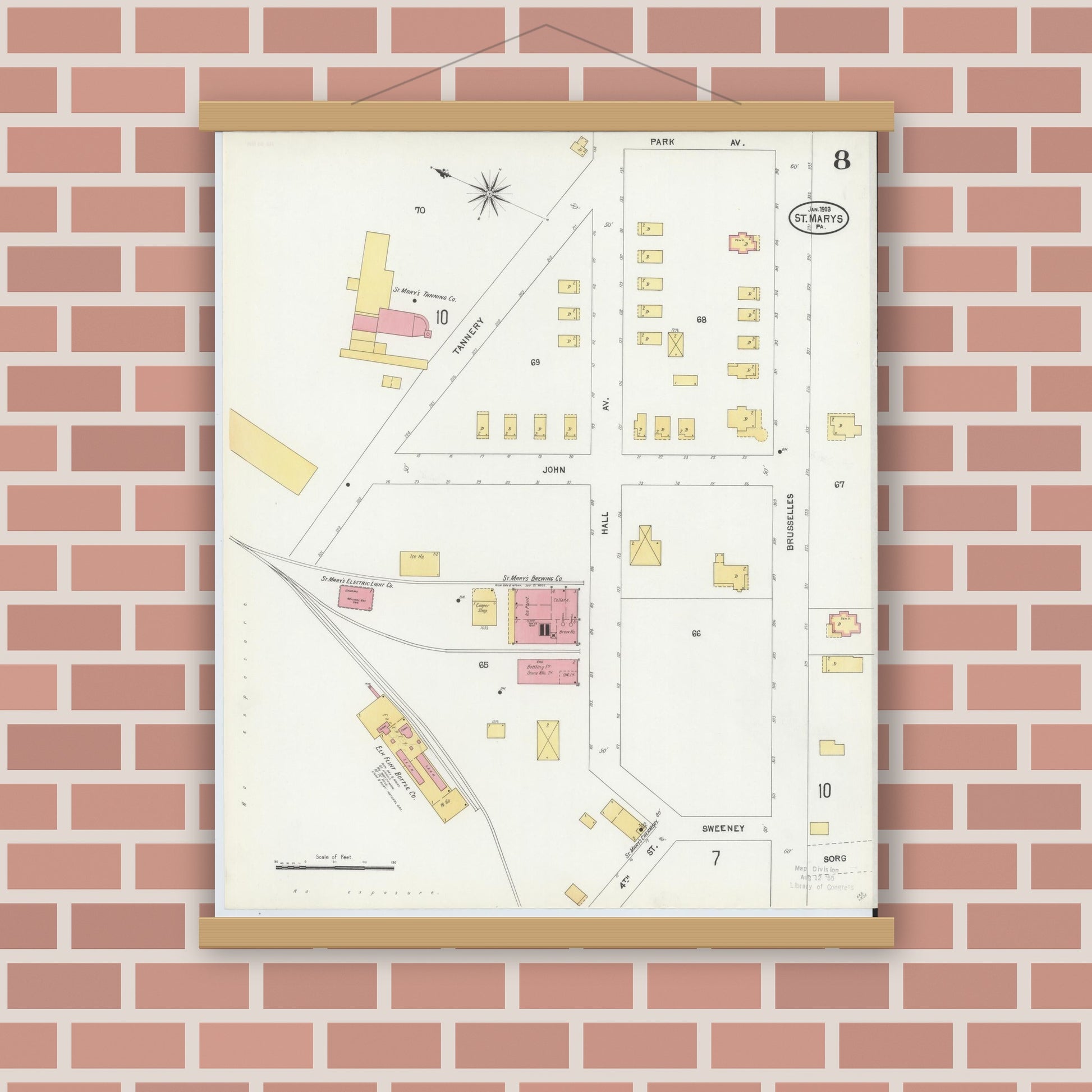 Old map wall art mockup — magnetic wood frame on brick wall — Sanborn Fire Insurance Map from Saint Marys, Elk County, Pennsylvania (1904), Sheet #0008