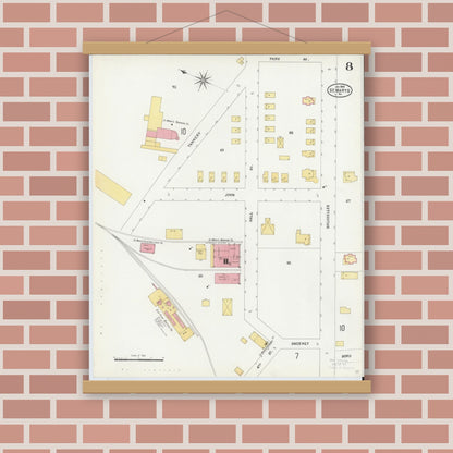 Old map wall art mockup — magnetic wood frame on brick wall — Sanborn Fire Insurance Map from Saint Marys, Elk County, Pennsylvania (1904), Sheet #0008