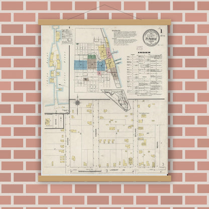 Old map wall art mockup — magnetic wood frame on brick wall — Sanborn Fire Insurance Map from Fort Pierce, St Lucie County, Florida (1915), Sheet #0001