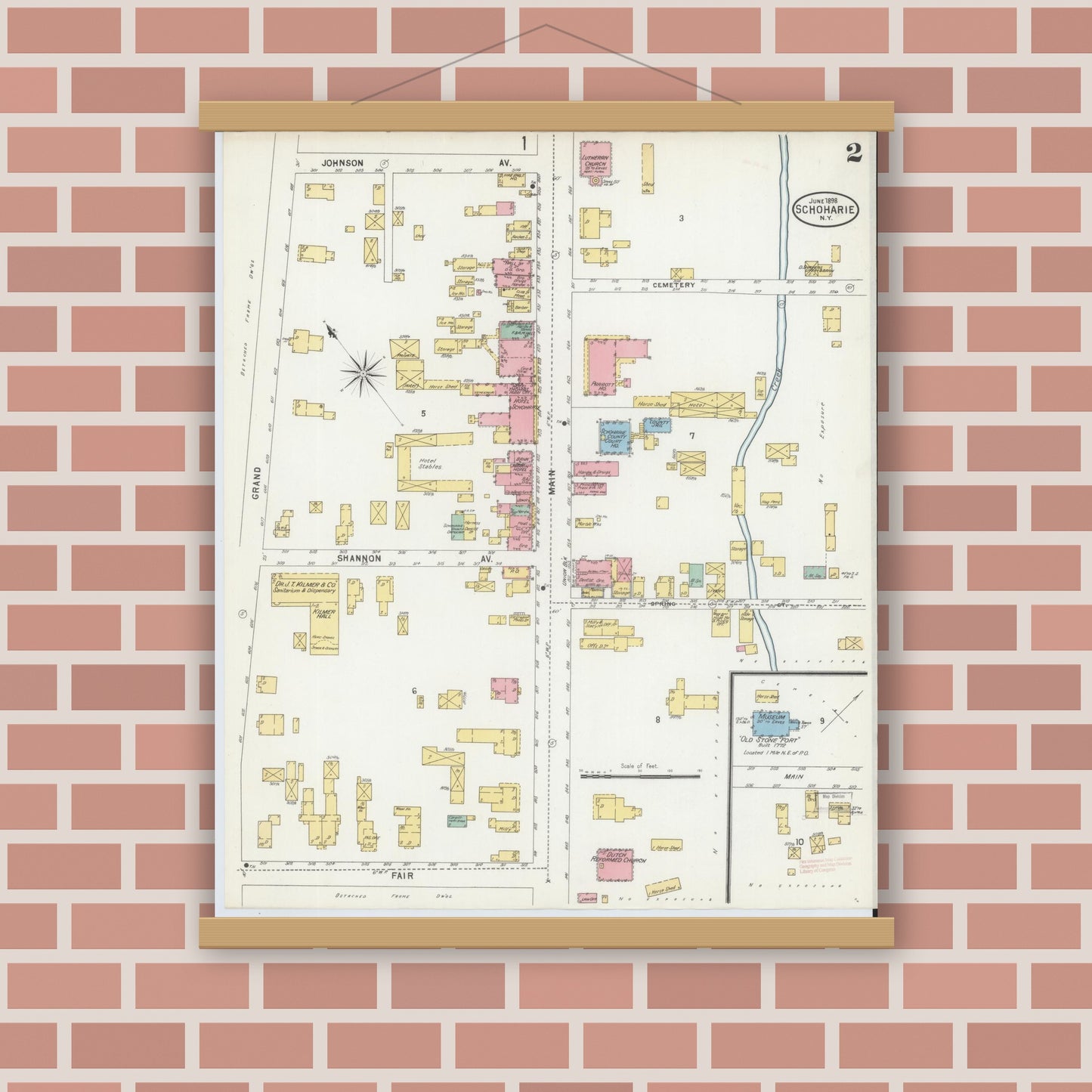 Old map wall art mockup — magnetic wood frame on brick wall — Sanborn Fire Insurance Map from Schoharie, Schoharie County, New York (1898), Sheet #0002