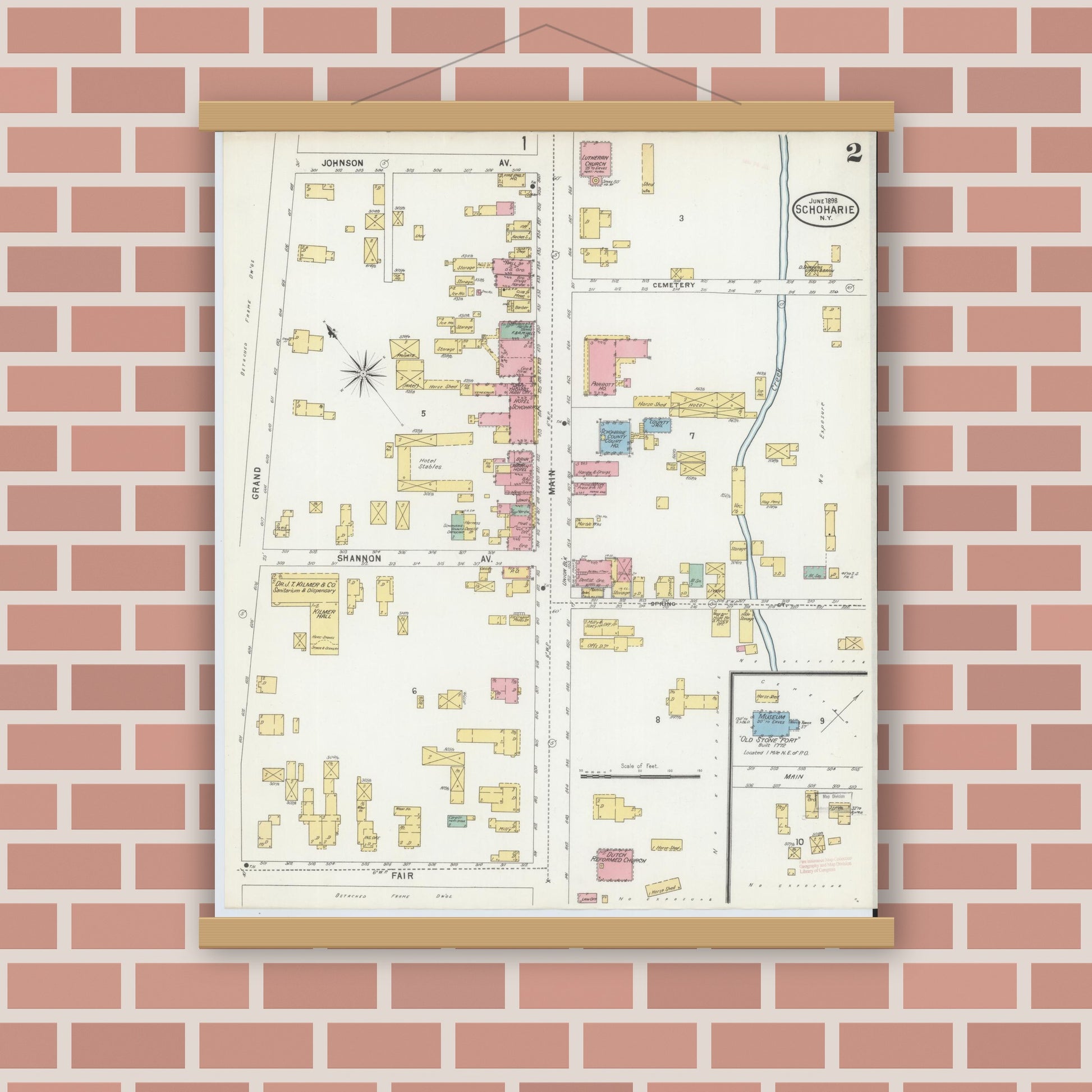 Old map wall art mockup — magnetic wood frame on brick wall — Sanborn Fire Insurance Map from Schoharie, Schoharie County, New York (1898), Sheet #0002