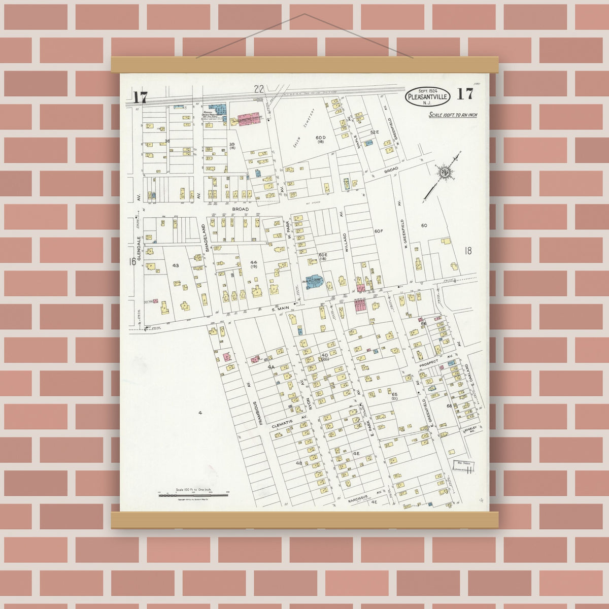 Old map wall art mockup — magnetic wood frame on brick wall — Sanborn Fire Insurance Map from Pleasantville, Atlantic County, New Jersey (1924), Sheet #0017