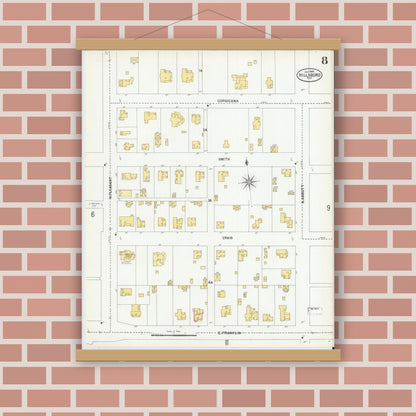 Old map wall art mockup — magnetic wood frame on brick wall — Sanborn Fire Insurance Map from Hillsboro, Hill County, Texas (1900), Sheet #0008