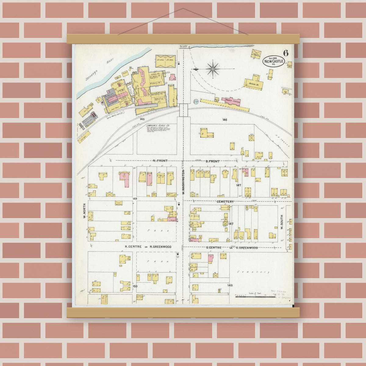 Old map wall art mockup — magnetic wood frame on brick wall — Sanborn Fire Insurance Map from New Castle, Lawrence County, Pennsylvania (1899), Sheet #0006