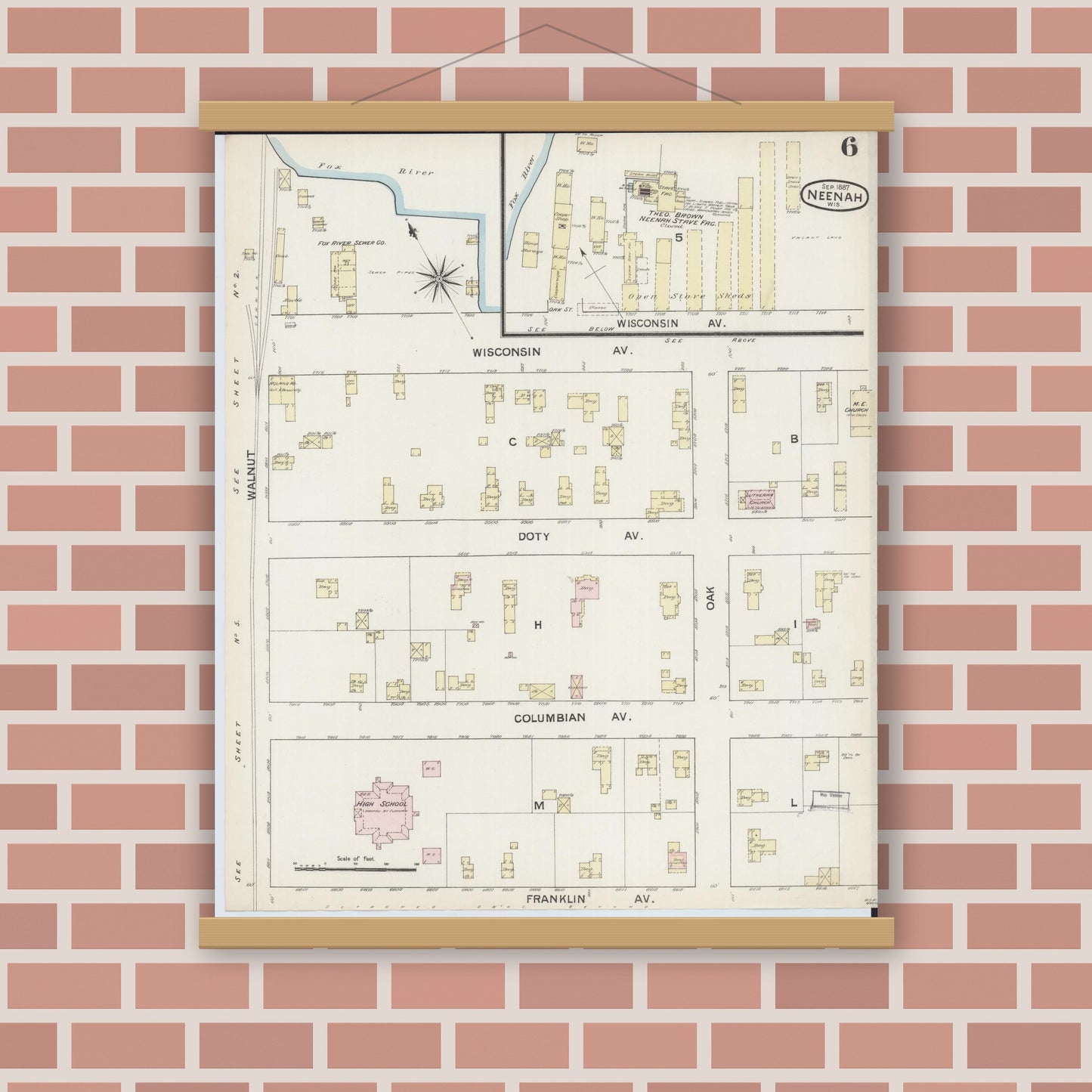 Old map wall art mockup — magnetic wood frame on brick wall — Sanborn Fire Insurance Map from Neenah, Winnebago County, Wisconsin (1887), Sheet #0006