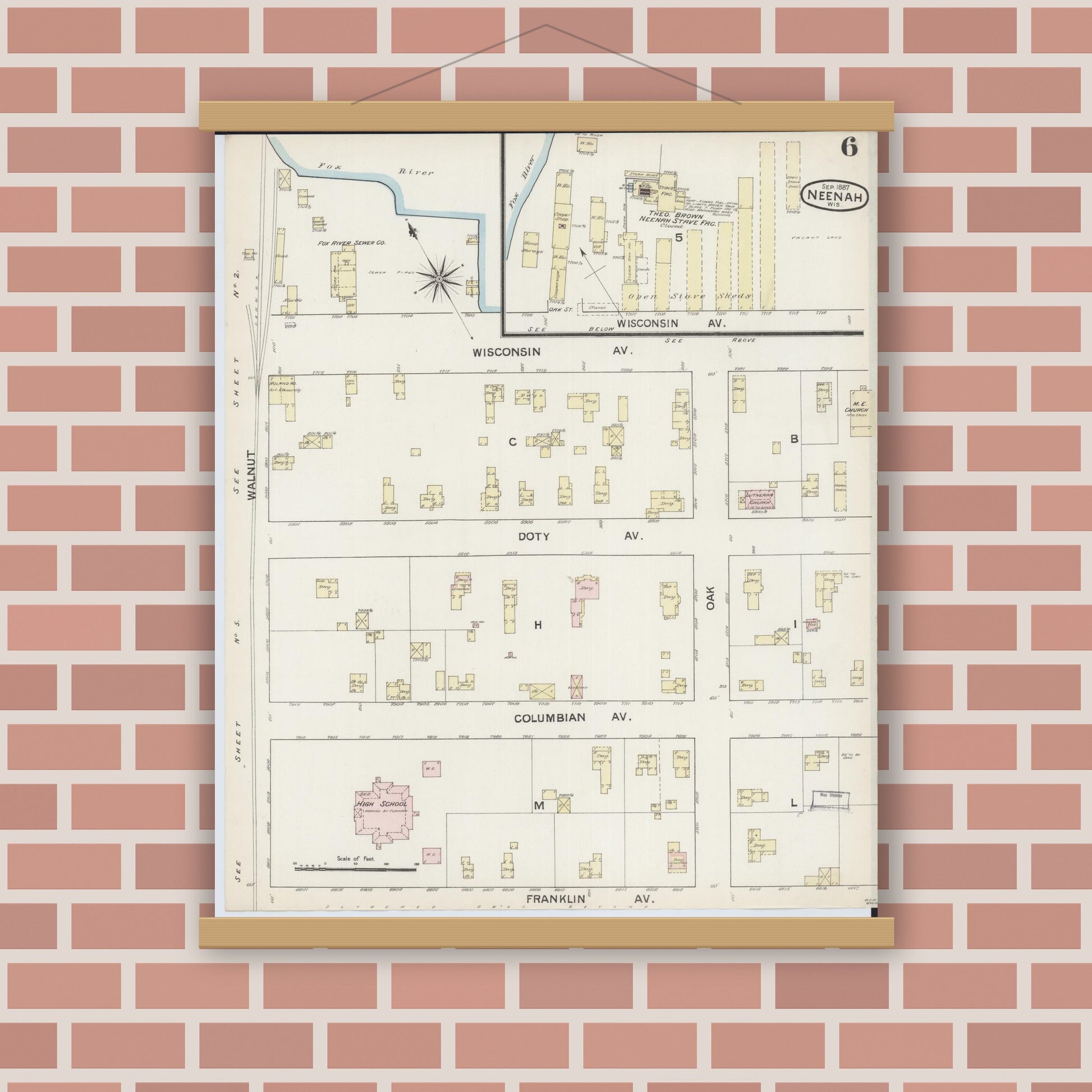 Old map wall art mockup — magnetic wood frame on brick wall — Sanborn Fire Insurance Map from Neenah, Winnebago County, Wisconsin (1887), Sheet #0006