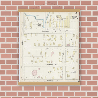 Old map wall art mockup — magnetic wood frame on brick wall — Sanborn Fire Insurance Map from Neenah, Winnebago County, Wisconsin (1887), Sheet #0006