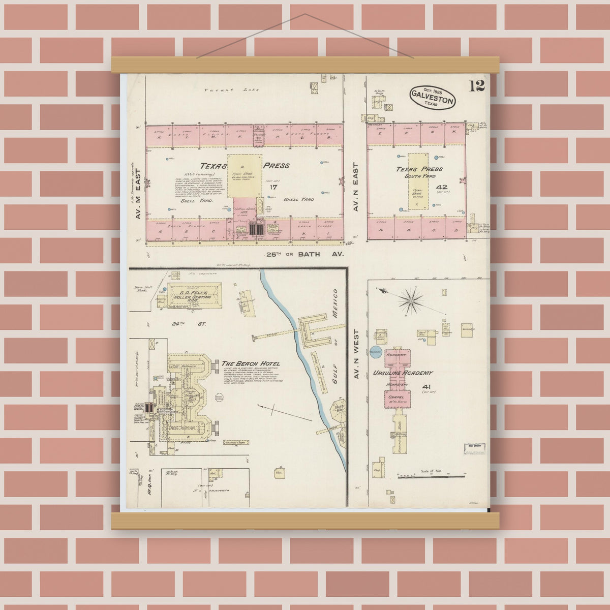 Old map wall art mockup — magnetic wood frame on brick wall — Sanborn Fire Insurance Map from Galveston, Galveston County, Texas (1885), Sheet #0012