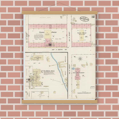 Old map wall art mockup — magnetic wood frame on brick wall — Sanborn Fire Insurance Map from Galveston, Galveston County, Texas (1885), Sheet #0012