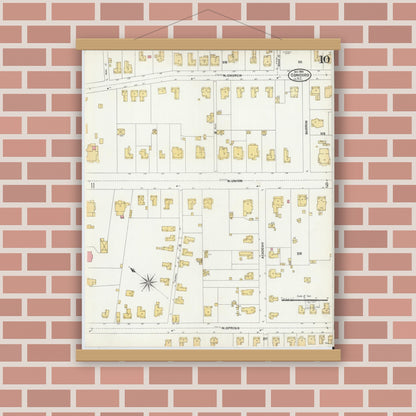 Old map wall art mockup — magnetic wood frame on brick wall — Sanborn Fire Insurance Map from Concord, Cabarrus County, North Carolina (1906), Sheet #0010