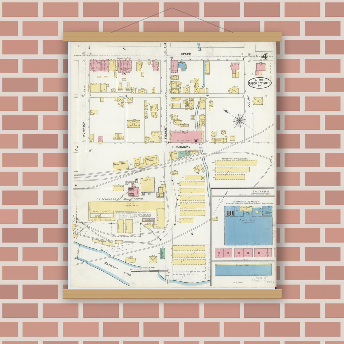 Old map wall art mockup — magnetic wood frame on brick wall — Sanborn Fire Insurance Map from Curwensville, Clearfield County, Pennsylvania (1905), Sheet #0004