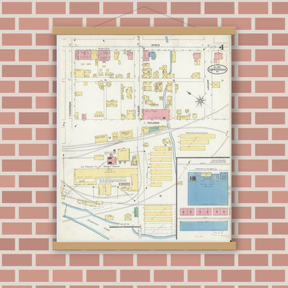 Old map wall art mockup — magnetic wood frame on brick wall — Sanborn Fire Insurance Map from Curwensville, Clearfield County, Pennsylvania (1905), Sheet #0004