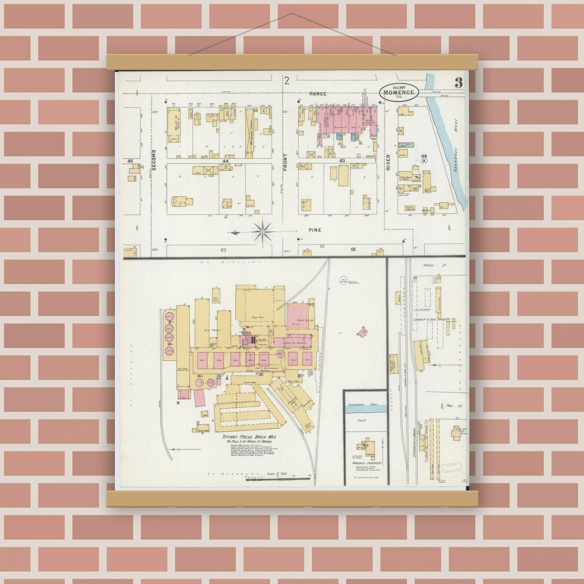 Old map wall art mockup — magnetic wood frame on brick wall — Sanborn Fire Insurance Map from Momence, Kankakee County, Illinois (1897), Sheet #0003