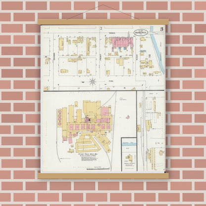 Old map wall art mockup — magnetic wood frame on brick wall — Sanborn Fire Insurance Map from Momence, Kankakee County, Illinois (1897), Sheet #0003