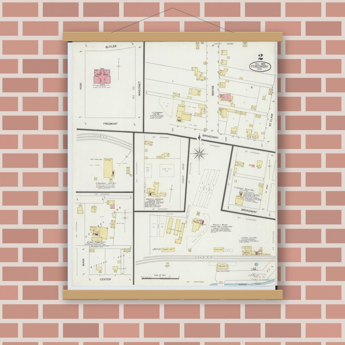 Old map wall art mockup — magnetic wood frame on brick wall — Sanborn Fire Insurance Map from Fort Recovery, Mercer County, Ohio (1898), Sheet #0002