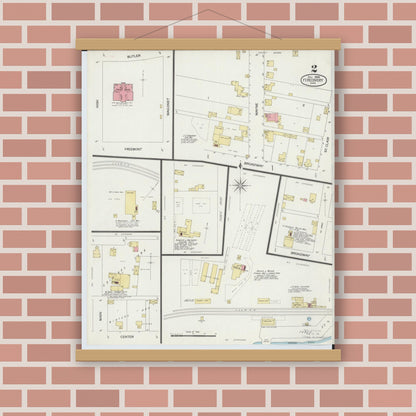 Old map wall art mockup — magnetic wood frame on brick wall — Sanborn Fire Insurance Map from Fort Recovery, Mercer County, Ohio (1898), Sheet #0002