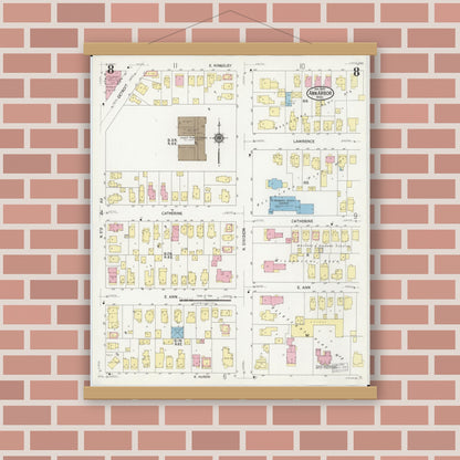 Old map wall art mockup — magnetic wood frame on brick wall — Sanborn Fire Insurance Map from Ann Arbor, Washtenaw County, Michigan (1925), Sheet #0008