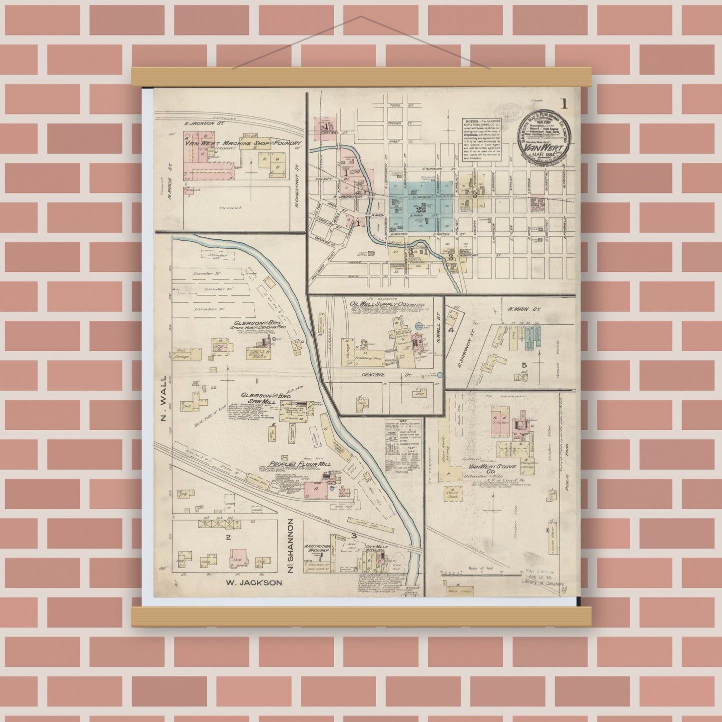 Old map wall art mockup — magnetic wood frame on brick wall — Sanborn Fire Insurance Map from Van Wert, Van Wert County, Ohio (1884), Sheet #0001