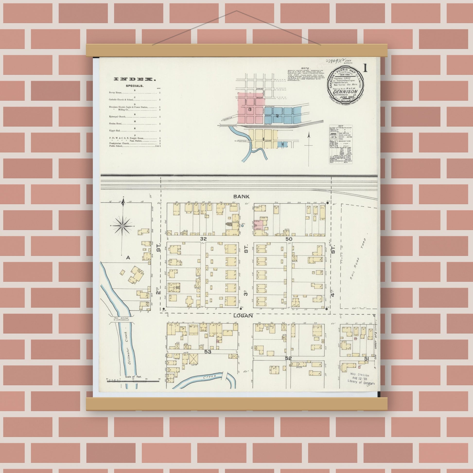 Old map wall art mockup — magnetic wood frame on brick wall — Sanborn Fire Insurance Map from Dennison, Tuscarawas County, Ohio (1892) - Complete Map Set
