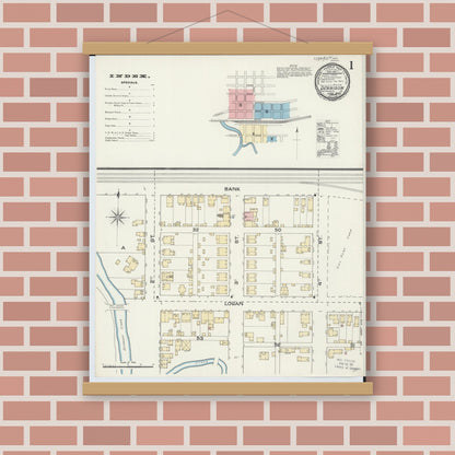 Old map wall art mockup — magnetic wood frame on brick wall — Sanborn Fire Insurance Map from Dennison, Tuscarawas County, Ohio (1892) - Complete Map Set