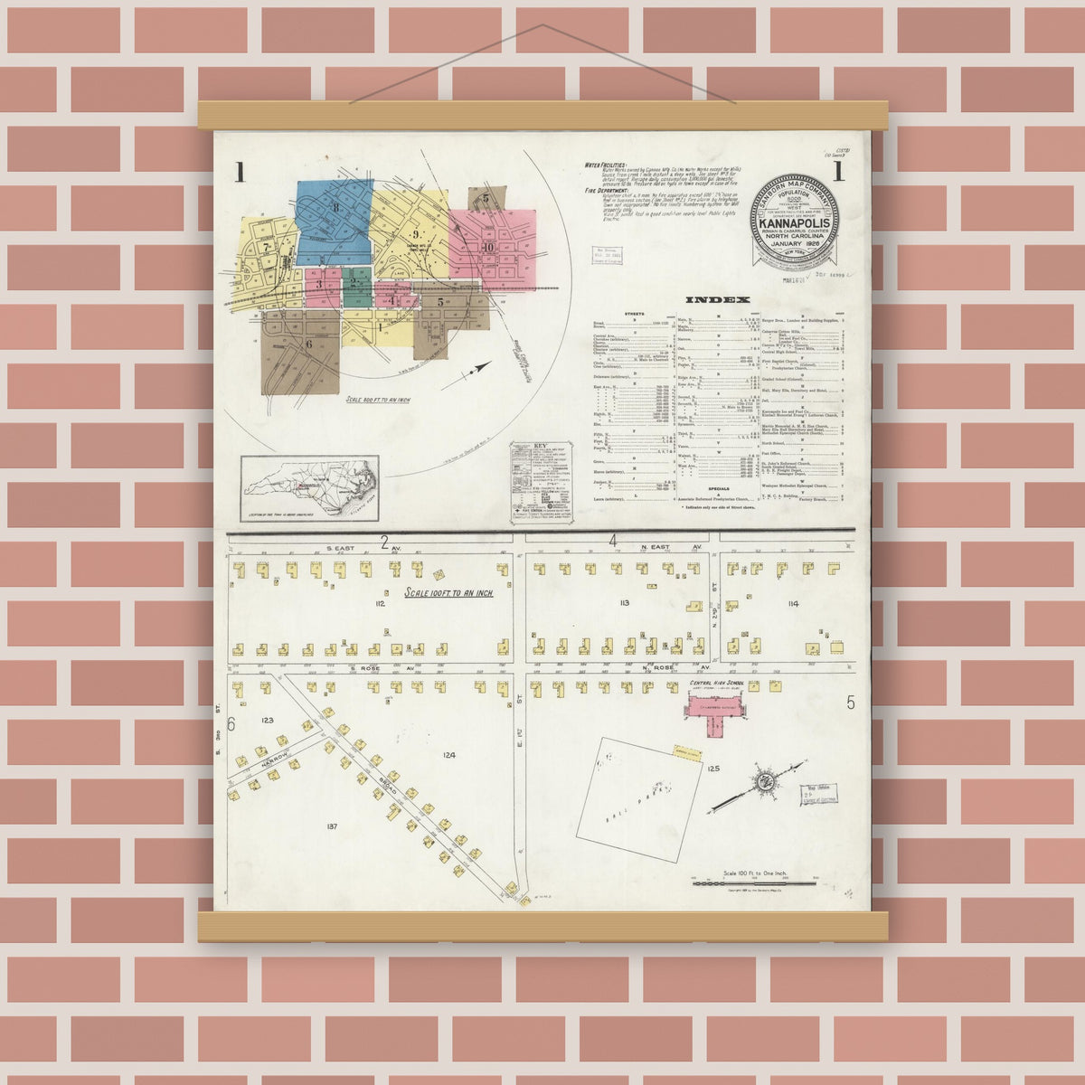 Old map wall art mockup — magnetic wood frame on brick wall — Sanborn Fire Insurance Map from Kannapolis, Rowan And Cabarrus Counties, North Carolina (1926) - Complete Map Set