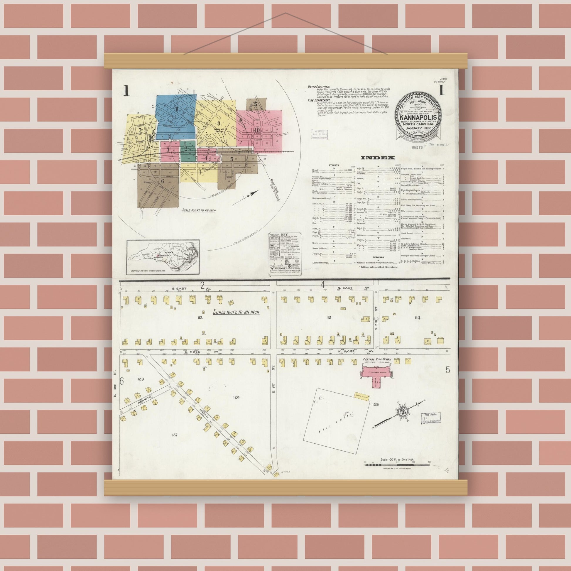 Old map wall art mockup — magnetic wood frame on brick wall — Sanborn Fire Insurance Map from Kannapolis, Rowan And Cabarrus Counties, North Carolina (1926) - Complete Map Set