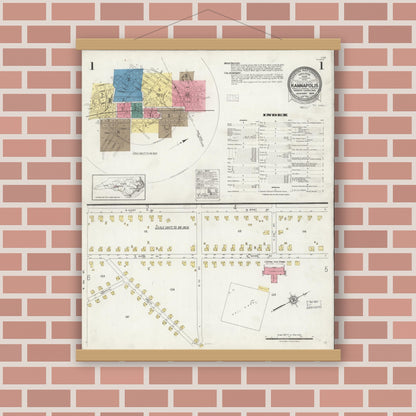 Old map wall art mockup — magnetic wood frame on brick wall — Sanborn Fire Insurance Map from Kannapolis, Rowan And Cabarrus Counties, North Carolina (1926) - Complete Map Set