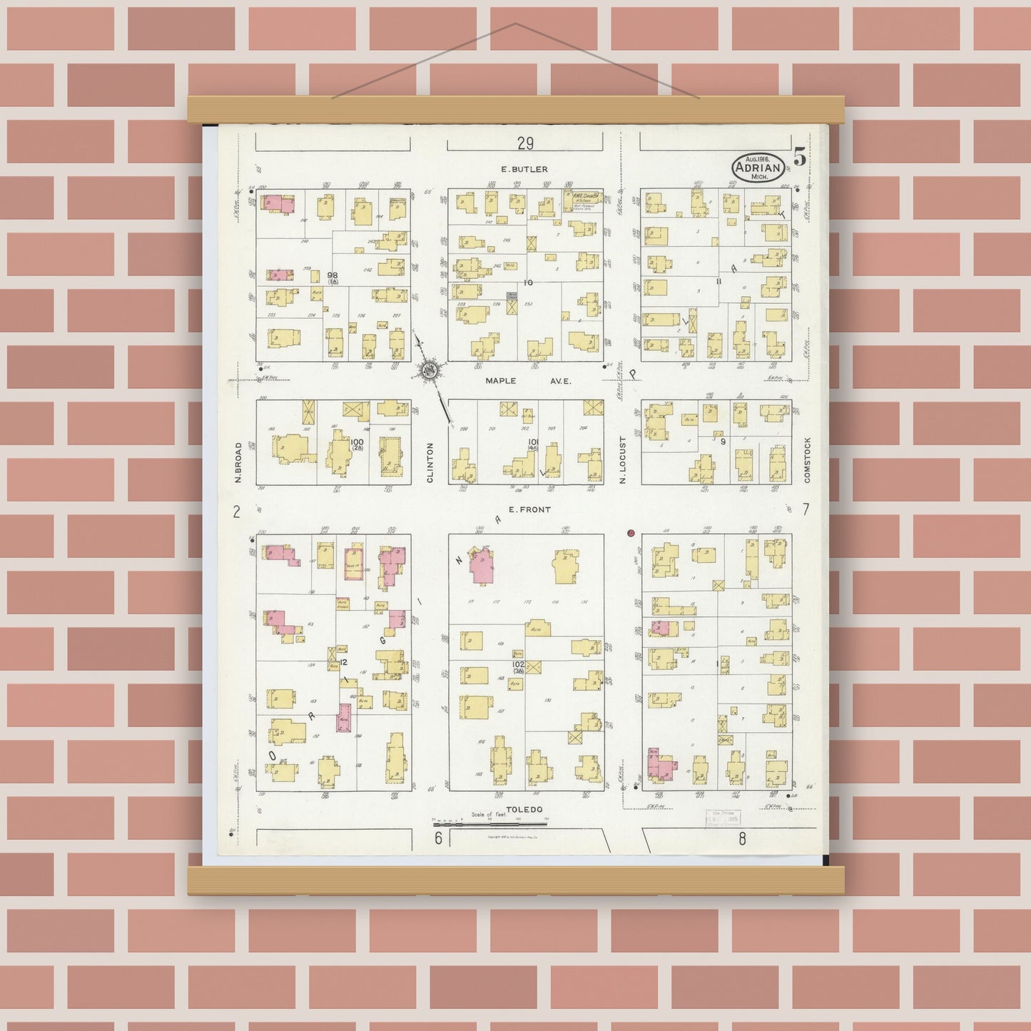 Old map wall art mockup — magnetic wood frame on brick wall — Sanborn Fire Insurance Map from Adrian, Lenawee County, Michigan (1916), Sheet #0005
