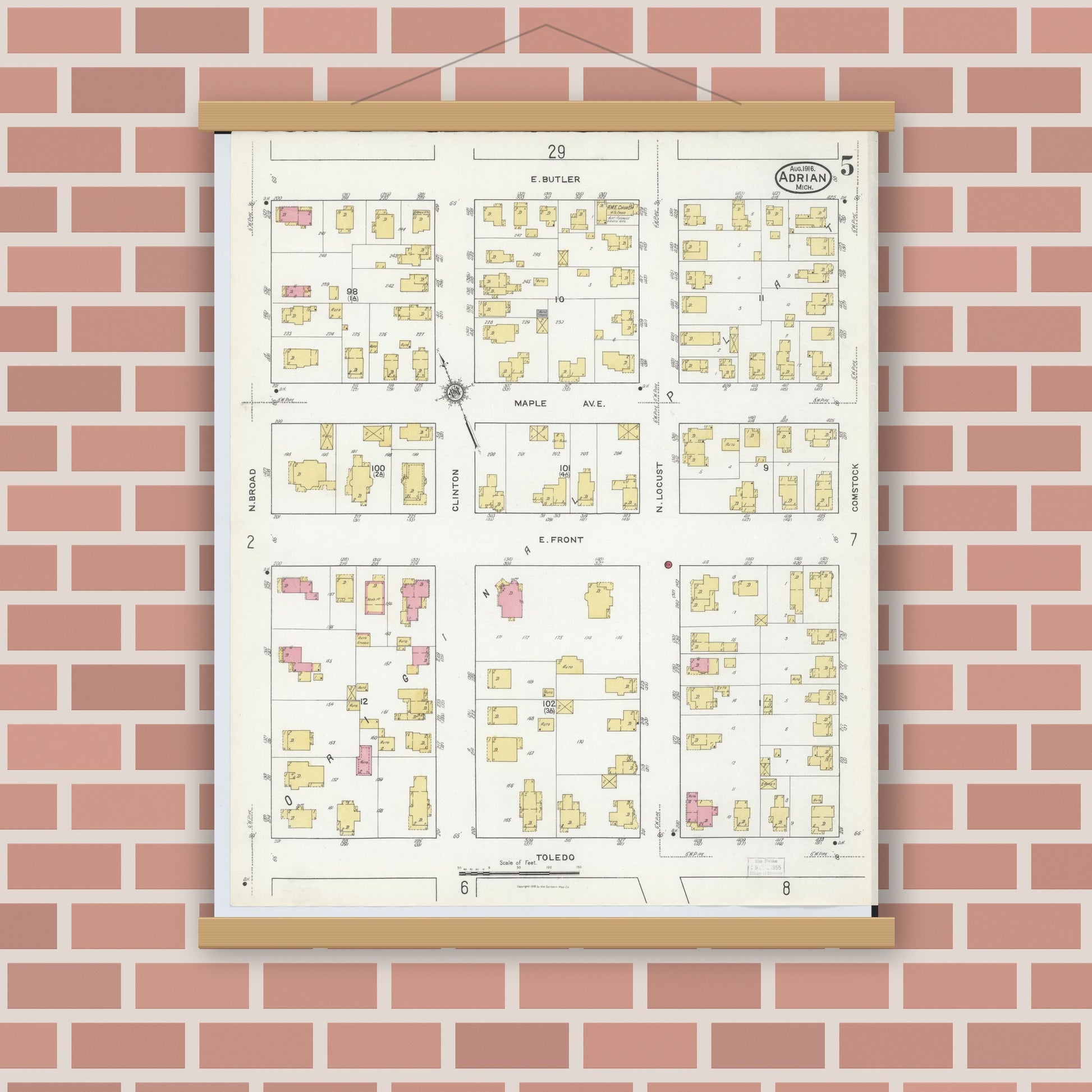 Old map wall art mockup — magnetic wood frame on brick wall — Sanborn Fire Insurance Map from Adrian, Lenawee County, Michigan (1916), Sheet #0005
