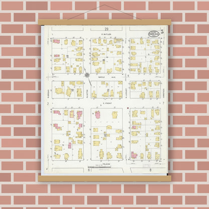 Old map wall art mockup — magnetic wood frame on brick wall — Sanborn Fire Insurance Map from Adrian, Lenawee County, Michigan (1916), Sheet #0005