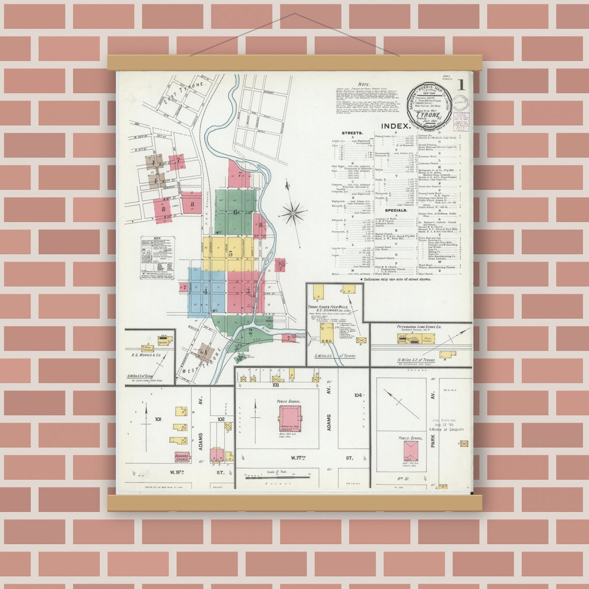 Old map wall art mockup — magnetic wood frame on brick wall — Sanborn Fire Insurance Map from Tyrone, Blair County, Pennsylvania (1901) - Complete Map Set