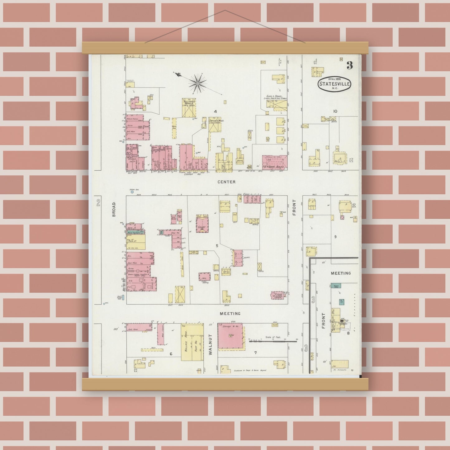 Old map wall art mockup — magnetic wood frame on brick wall — Sanborn Fire Insurance Map from Statesville, Iredell County, North Carolina (1895), Sheet #0003