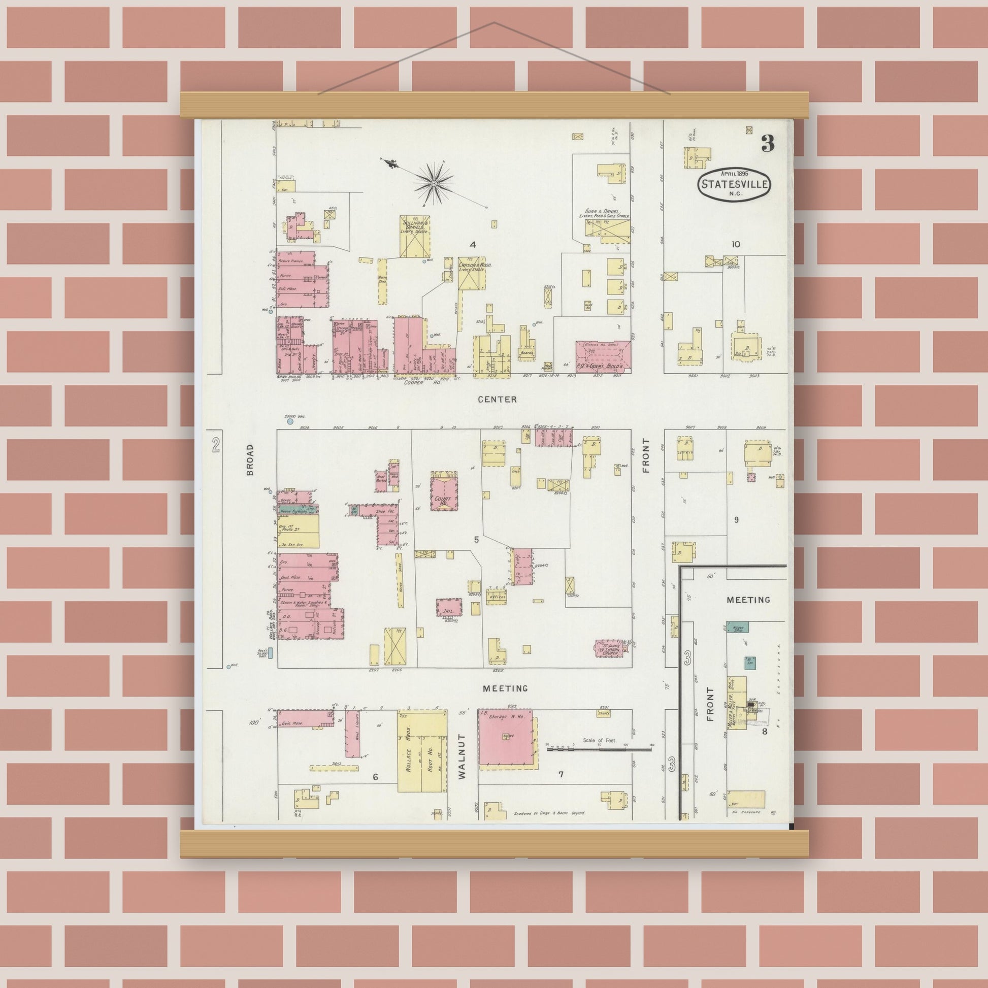 Old map wall art mockup — magnetic wood frame on brick wall — Sanborn Fire Insurance Map from Statesville, Iredell County, North Carolina (1895), Sheet #0003
