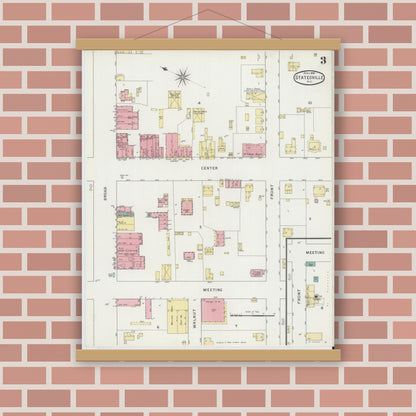 Old map wall art mockup — magnetic wood frame on brick wall — Sanborn Fire Insurance Map from Statesville, Iredell County, North Carolina (1895), Sheet #0003