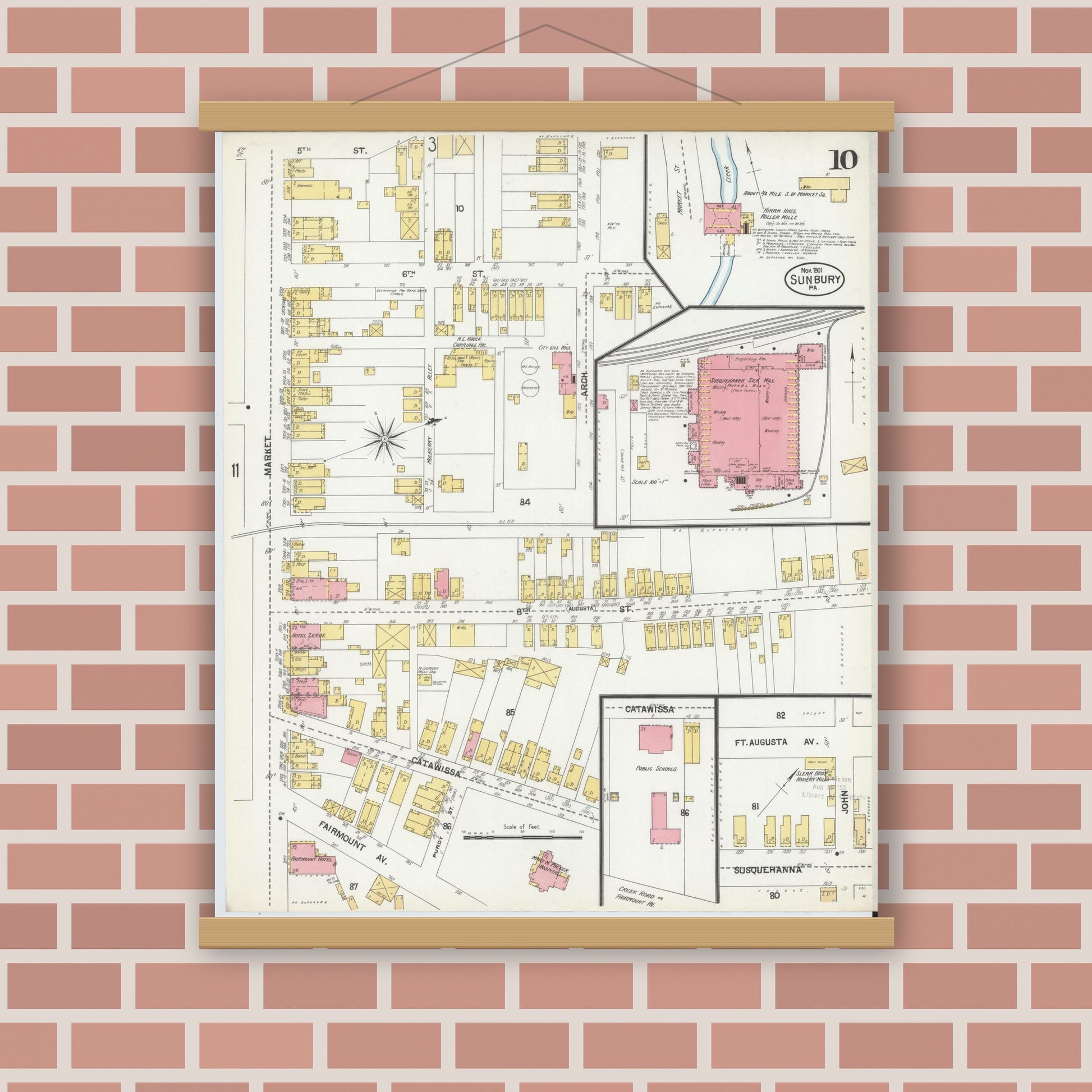 Old map wall art mockup — magnetic wood frame on brick wall — Sanborn Fire Insurance Map from Sunbury, Northumberland County, Pennsylvania (1901), Sheet #0010