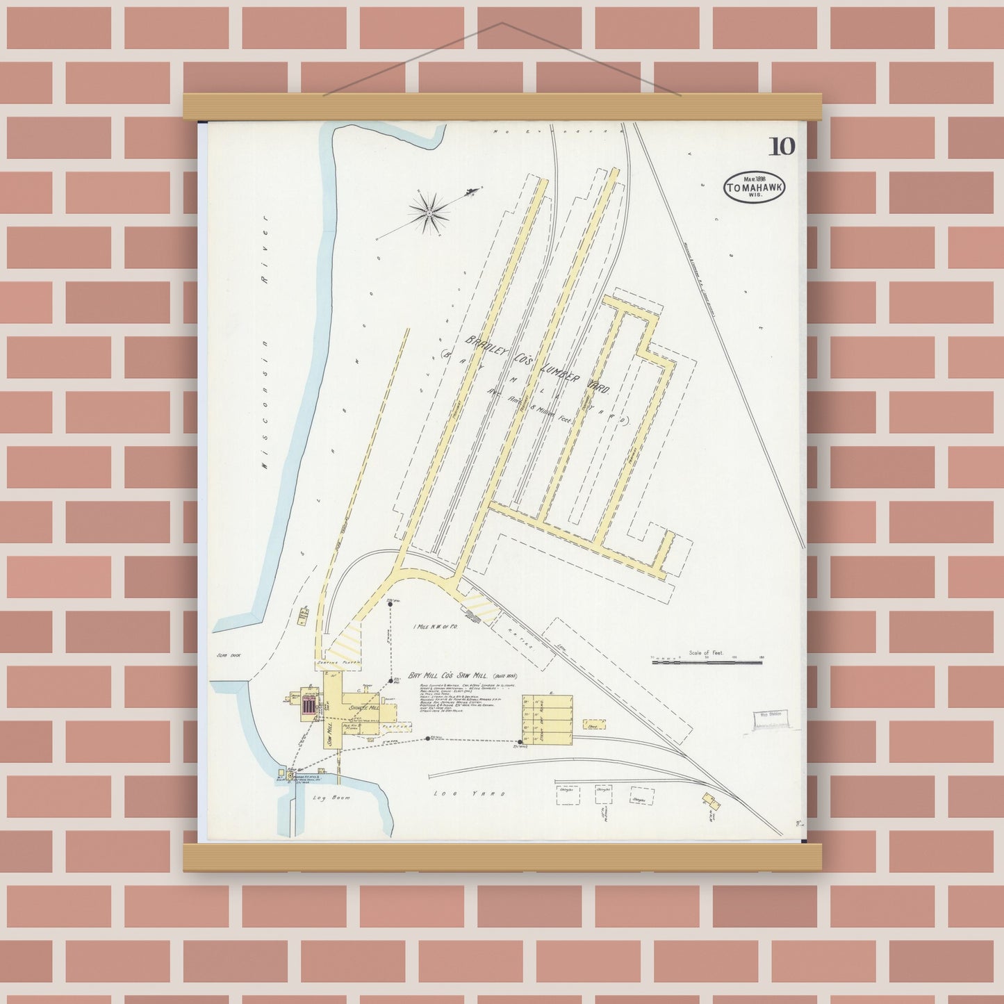 Old map wall art mockup — magnetic wood frame on brick wall — Sanborn Fire Insurance Map from Tomahawk, Lincoln County, Wisconsin (1898), Sheet #0010