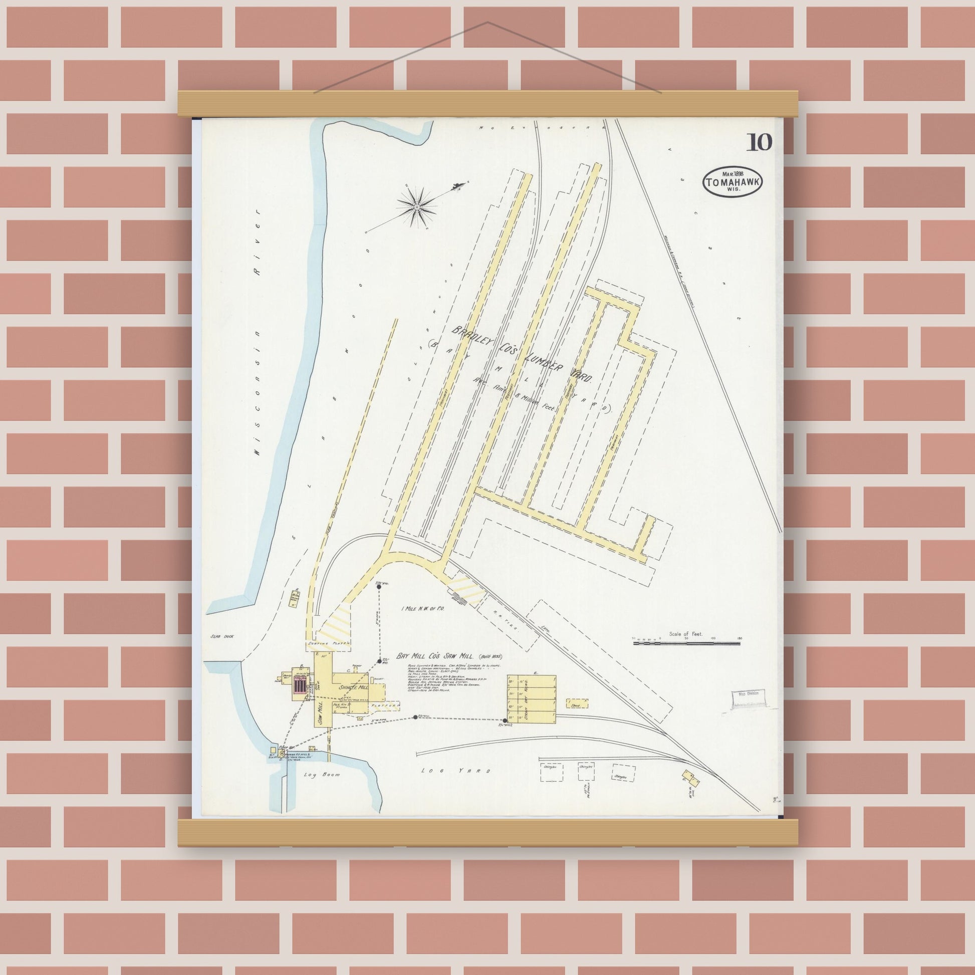 Old map wall art mockup — magnetic wood frame on brick wall — Sanborn Fire Insurance Map from Tomahawk, Lincoln County, Wisconsin (1898), Sheet #0010