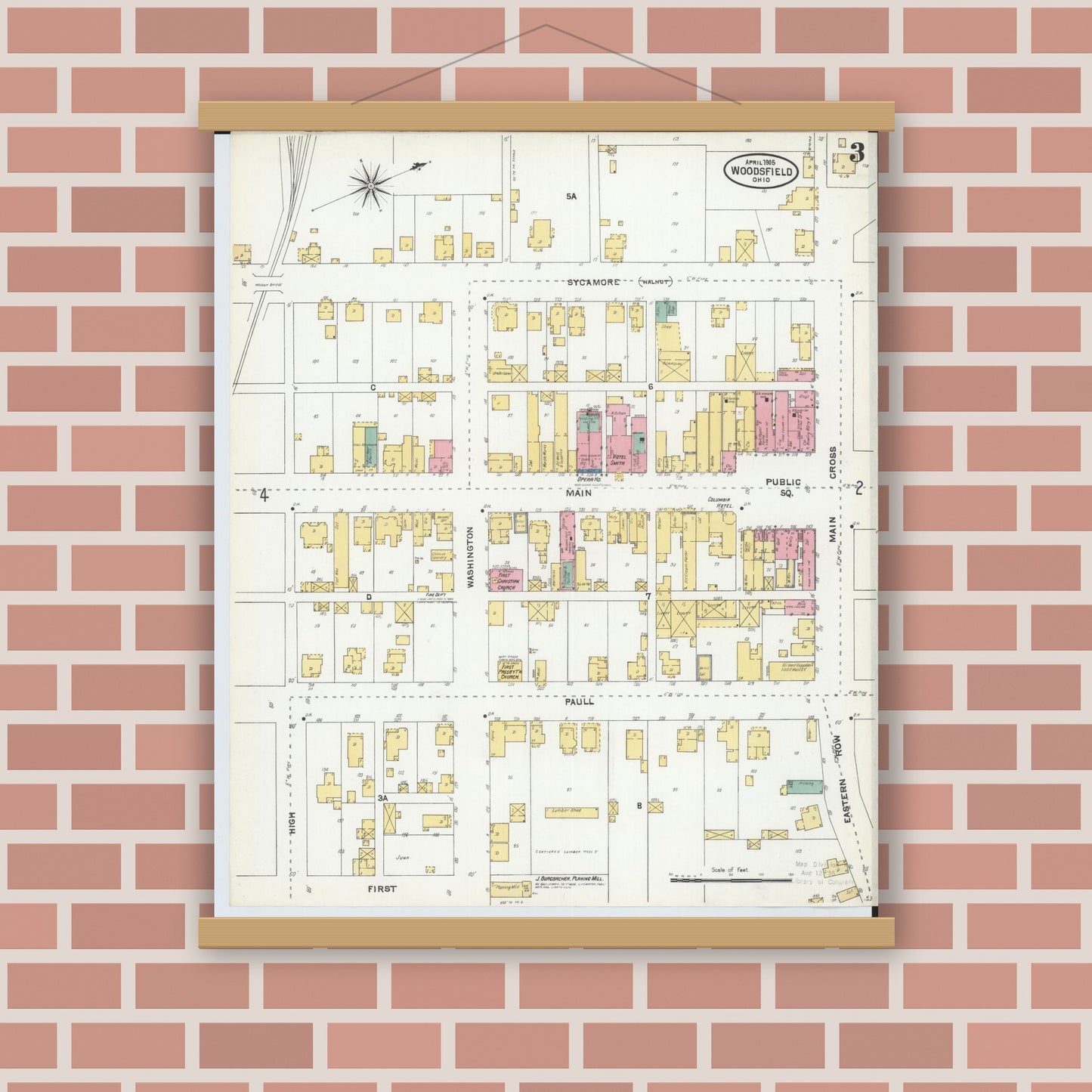 Old map wall art mockup — magnetic wood frame on brick wall — Sanborn Fire Insurance Map from Woodsfield, Monroe County, Ohio (1905), Sheet #0003