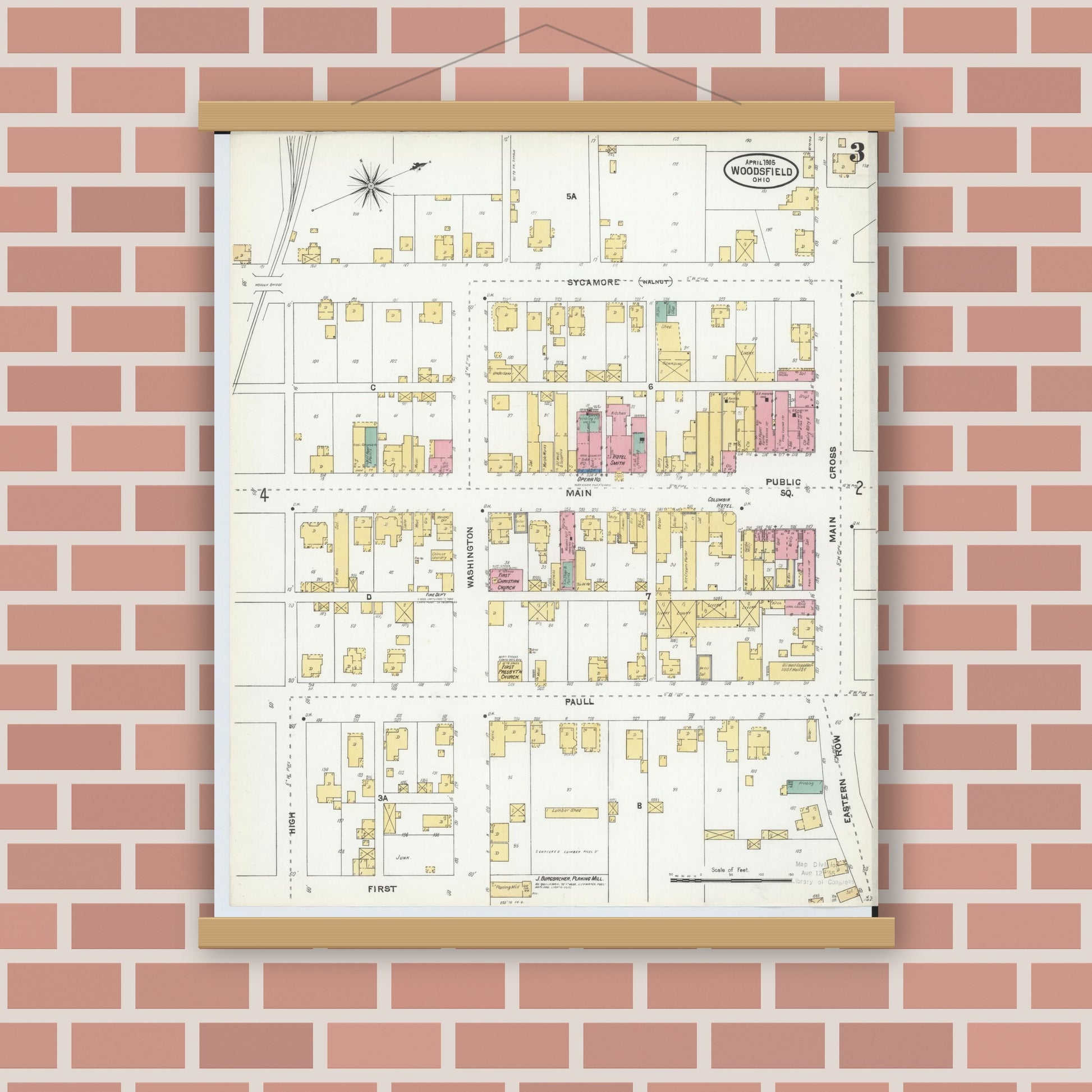 Old map wall art mockup — magnetic wood frame on brick wall — Sanborn Fire Insurance Map from Woodsfield, Monroe County, Ohio (1905), Sheet #0003
