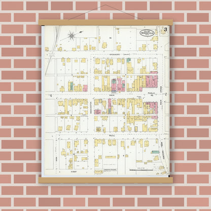 Old map wall art mockup — magnetic wood frame on brick wall — Sanborn Fire Insurance Map from Woodsfield, Monroe County, Ohio (1905), Sheet #0003
