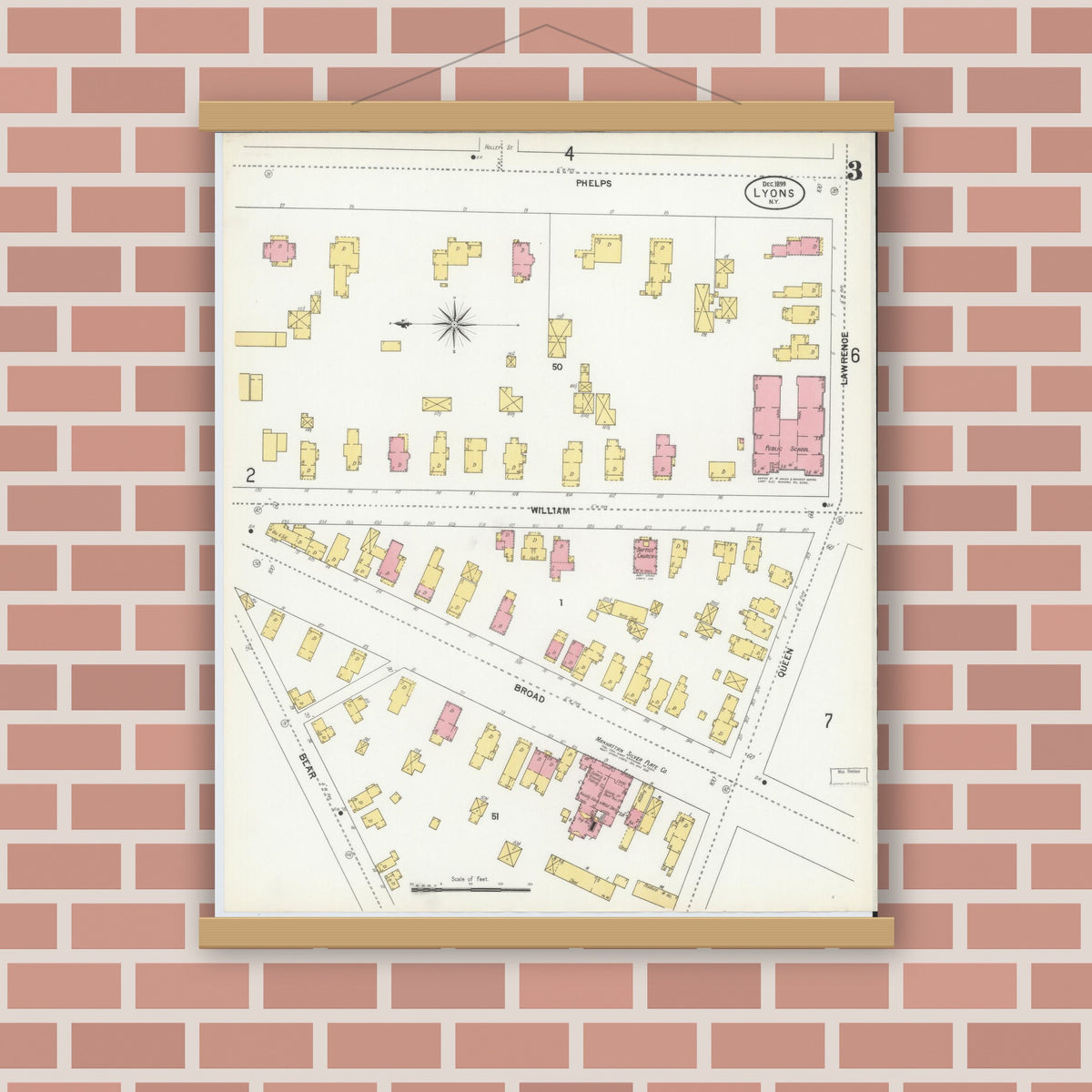 Old map wall art mockup — magnetic wood frame on brick wall — Sanborn Fire Insurance Map from Lyons, Wayne County, New York (1899), Sheet #0003