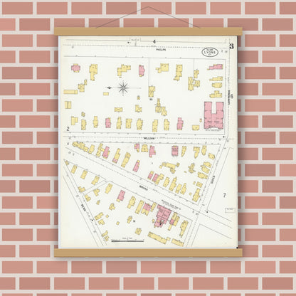 Old map wall art mockup — magnetic wood frame on brick wall — Sanborn Fire Insurance Map from Lyons, Wayne County, New York (1899), Sheet #0003