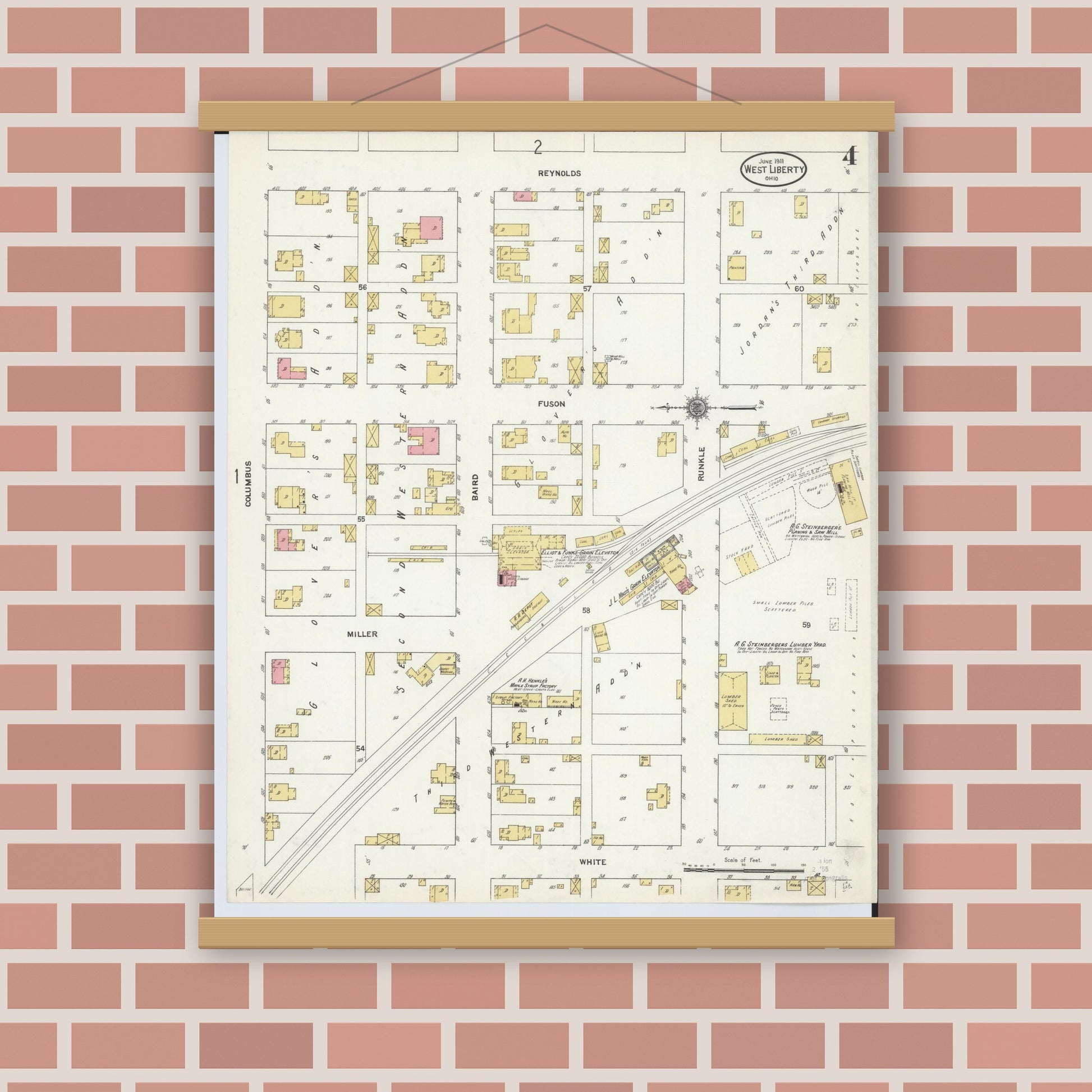 Old map wall art mockup — magnetic wood frame on brick wall — Sanborn Fire Insurance Map from West Liberty, Logan County, Ohio (1911), Sheet #0004
