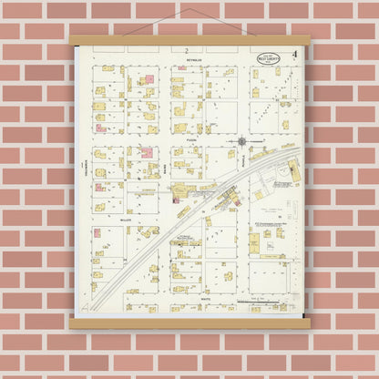 Old map wall art mockup — magnetic wood frame on brick wall — Sanborn Fire Insurance Map from West Liberty, Logan County, Ohio (1911), Sheet #0004